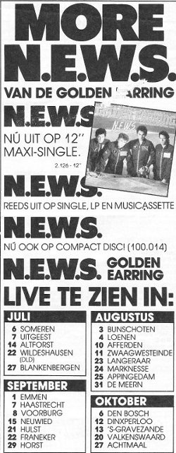 Golden Earring July - October tour dates as published in Hitkrant Magazine June 1984